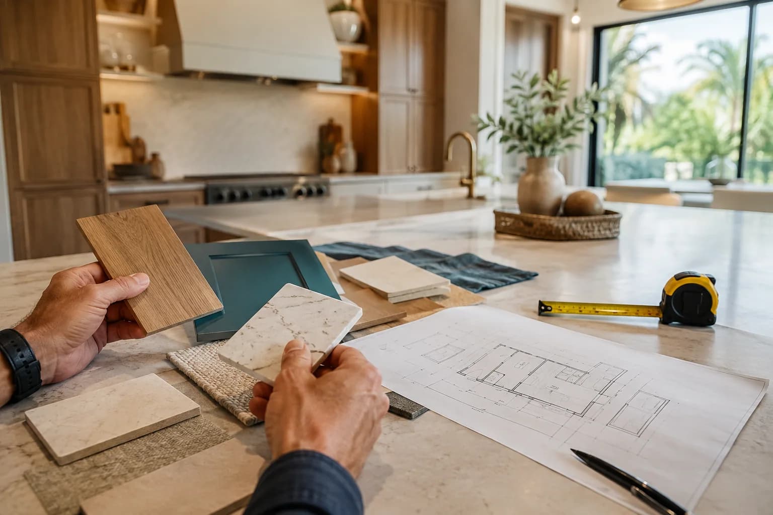 Remodeling materials and plans arranged in a modern kitchen